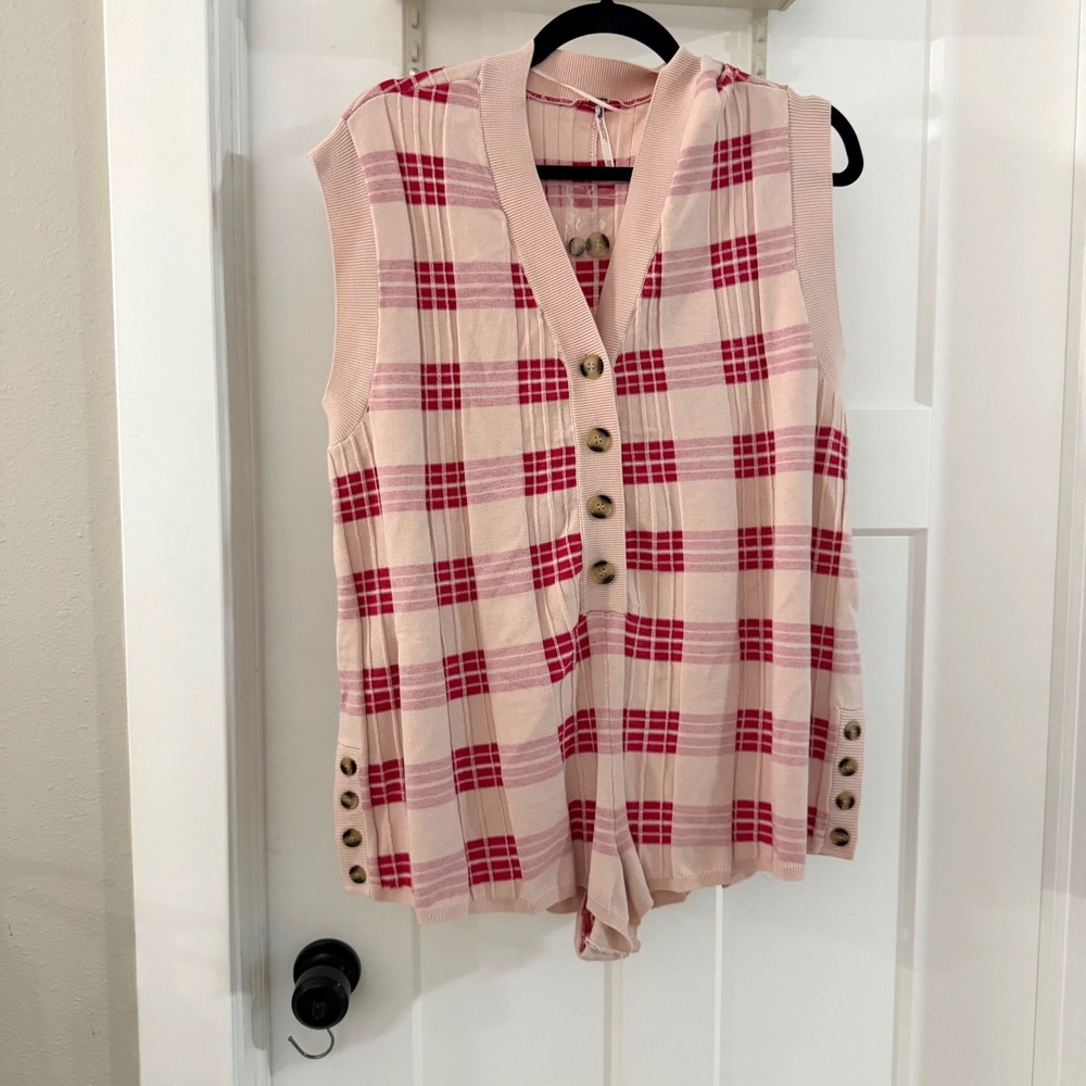 Free People Lewis Plaid Romper Pink Combo Sweater Knit Button Front XS Boho